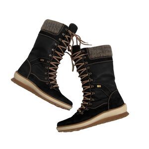 Remonte Tex Tall Black Winter Boots Leather Wool Cuff Lace-Up + Zip EU 37